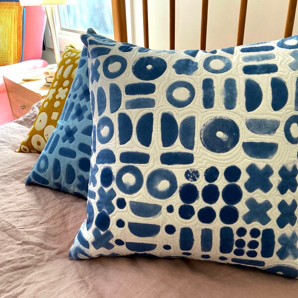 Symbols Hand Dyed and Patterned Pillow in Indigo and White