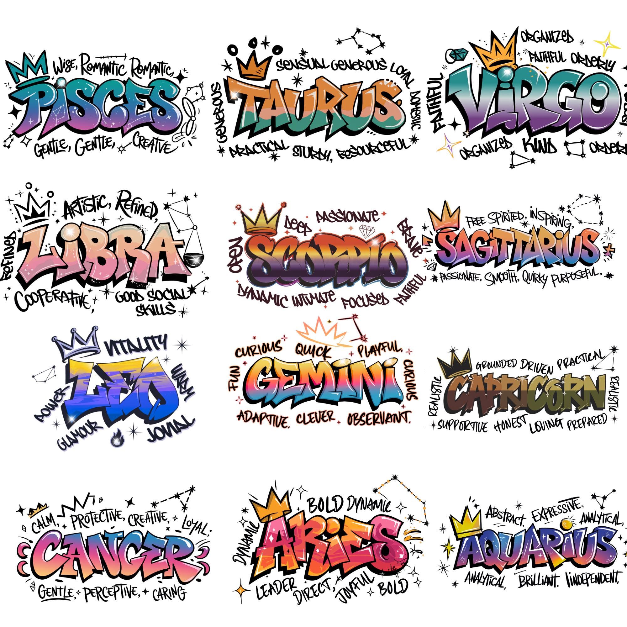 Horoscope Graffiti Art- Print Bundle – Colorful Urban Astrology Signs | Digital Download Wall Art, Horoscope Poster Set, Teen Room Decor