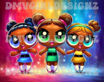 Fan art delle Powerpuff Girls nere: Black Girl Magic Chibi (download digitale PNG e PDF)