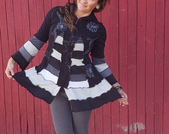 trendy top upcycled handmade tunic alternative style artsy tunic bohemian tunic Medium-large greens patchwork 34 sleeve top