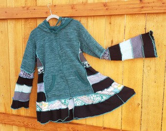 trendy top upcycled handmade tunic alternative style artsy tunic bohemian tunic Medium-large greens patchwork 34 sleeve top