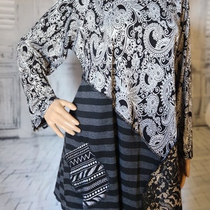 PLUS size adult black paisley patchwork long sleeve top - upcycled handmade tunic - bohemian tunic - artsy longer tunic style - trendy JAX