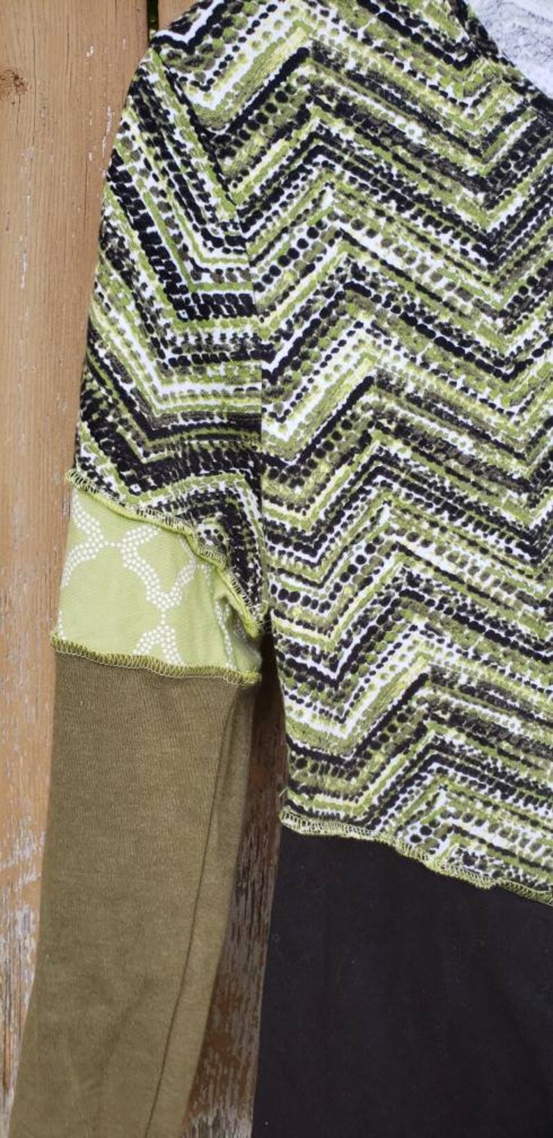 trendy top upcycled handmade tunic alternative style artsy tunic bohemian tunic Medium-large greens patchwork 34 sleeve top
