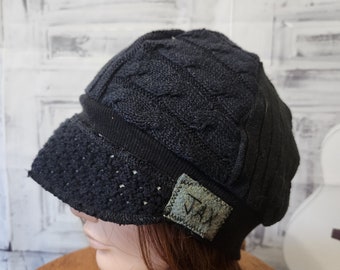 Upcycled recycled repurposed hat - Adult ML - black  sweater newsboy hat - flapper style hat - alopecia chemo hat - Jax Hats