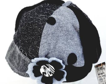 Toddler sized Jax Hat in black + grey winter weight from upcycled sweaters - recycled - upcycled - chemo hat - alopecia cap - handmade
