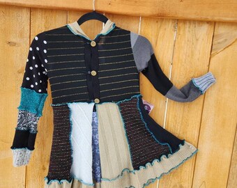 Child lg 8-10 Black gold upcycled twirly coat - patchwork sweater coat - Katwise inspired - handmade upcycled repurposed sweaters for girl