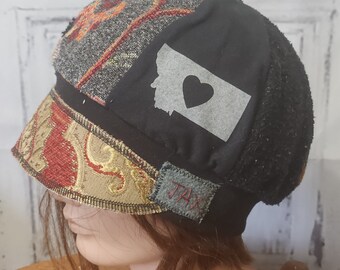 Dark Grey and orange tapestry upcycled Sweater Hat - alopecia head cover - chemo cap - great neutral hat