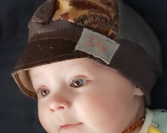 Toddler Jax Hat, earth tone baby hat, recycled t shirt hat, upcycled hat, eco friendly, baby shower gift, alopecia cap, chemo hat