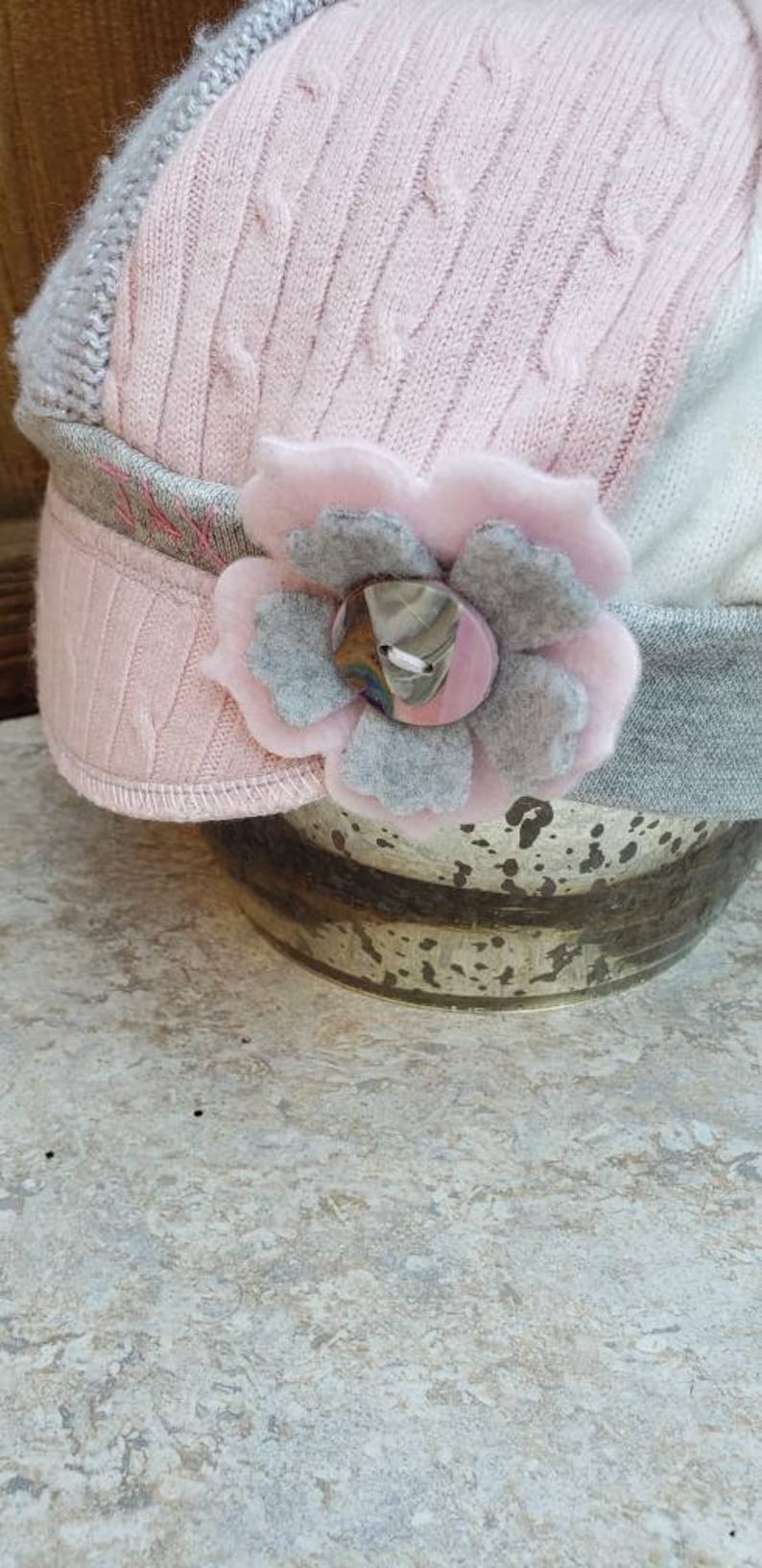 mixed fabrics hat photo prop Jax Hat Child size chemo alopecia cap pinkgrey hat upcycled cap upcycled sweater hat girl Montana