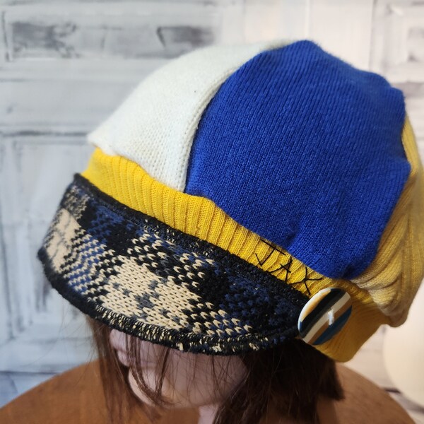 Jax Hats - upcycled sweater hat - repurposed cap - alopecia - chemo headcover - blue and gold - beanie - med - lg adult hat - newsboy