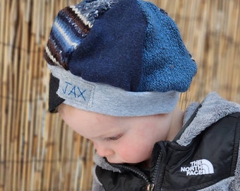 Jax Hat Child size - grey and blue hat - preloved sweater hat - upcycled recycled hat - chemo alopecia cap - photo prop - trendy boy hat