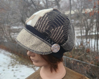 Upcycled recycled repurposed sweater hat - Adult ML - tan + brown sweater newsboy hat - flapper style hat - alopecia chemo hat - Jax Hats