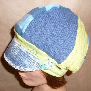 Jax Hats upcycled sweater hat repurposed cap alopecia chemo headcover blue and green Seahawks beanie lime adult hat newsboy image 1
