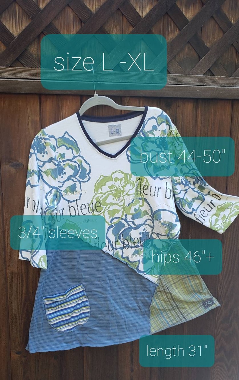 L-XL Blue bohemian festival tunic green asymetrical top slimming alternative style trendy top -Jax upcycled patchwork tunic