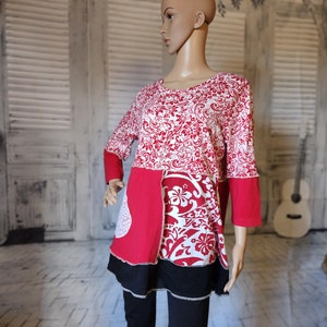 XL size adult red paisley patchwork long sleeve top - upcycled handmade tunic - bohemian tunic - artsy longer tunic style - trendy JAX to