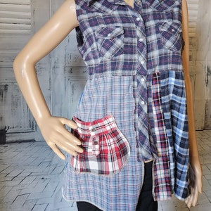 Small size adult plaid patchwork sleeveless top - upcycled handmade tunic - bohemian tunic - artsy longer tunic style - trendy JAX top