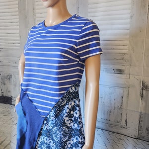 SMALL size adult blur stripe patchwork long sleeve top- upcycled handmade tunic - bohemian tunic - artsy longer tunic style - trendy JAX top