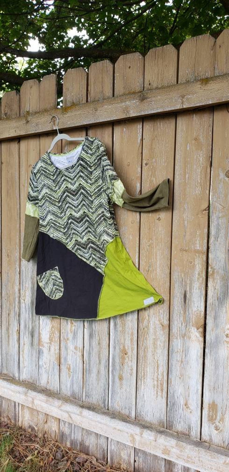 trendy top upcycled handmade tunic alternative style artsy tunic bohemian tunic Medium-large greens patchwork 34 sleeve top