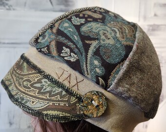 Jax Upcycled hat - adult M/L hat- tan, teal and brown recycled suit hat - chemo hat - alopecia hat - made from Preloved clothing