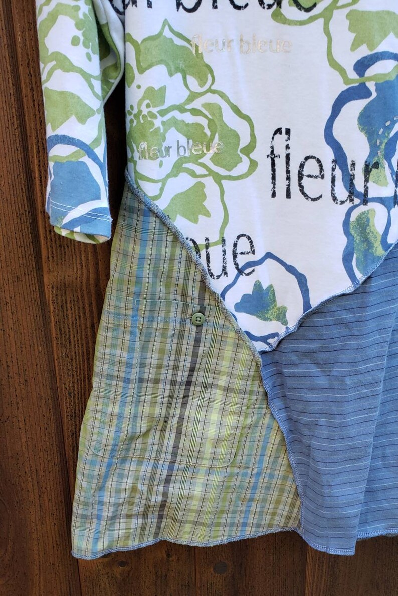 L-XL Blue bohemian festival tunic green asymetrical top slimming alternative style trendy top -Jax upcycled patchwork tunic