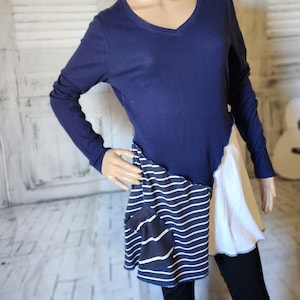 SMALL size adult navy patchwork long sleeve top - upcycled handmade long t shirt - bohemian tunic - artsy long tunic style - trendy JAX top