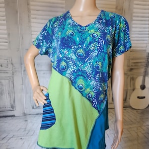PLUS size adult teal peacock patchwork short sleeve top - upcycled handmade tunic - bohemian tunic - artsy longer tunic style - trendy JAX