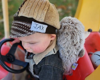 Jax Hat Child size - brown and white hat - sweater and fleece hat - upcycled recycled hat - chemo alopecia cap - photo prop - trendy boy hat