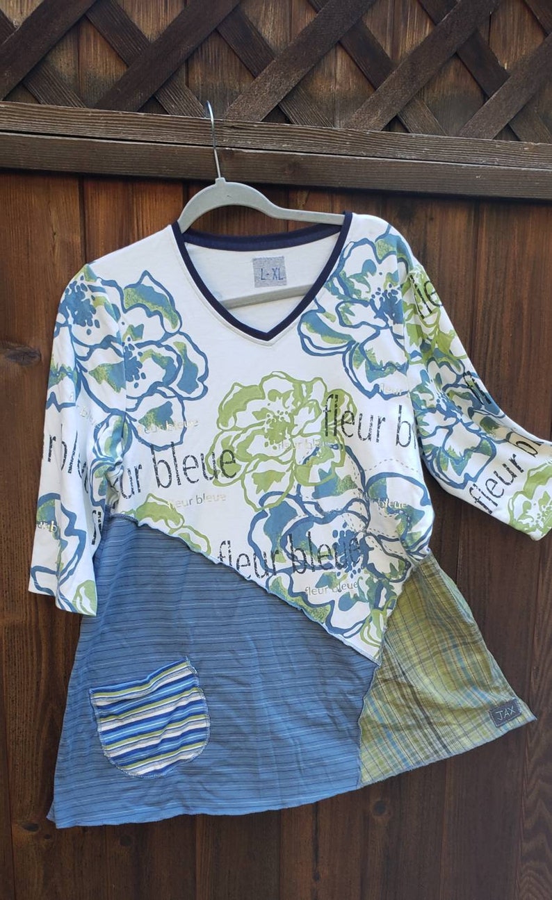 L-XL Blue bohemian festival tunic green asymetrical top slimming alternative style trendy top -Jax upcycled patchwork tunic