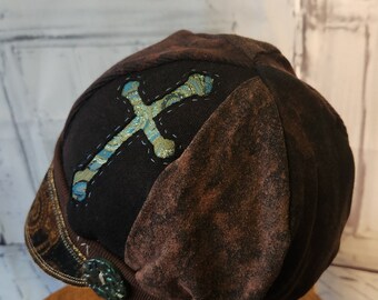 Jax Upcycled hat - adult M/L hat- tan, teal and brown recycled tshirt cowgirl cross hat - chemo hat alopecia hat - from Preloved clothing