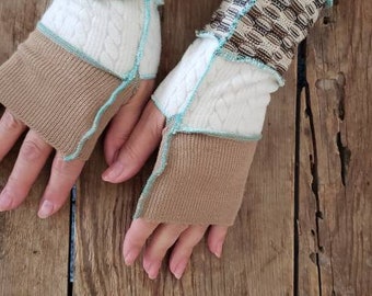 Gants textuels par Jaxhatsmontana - Chapeaux Jax - gants sans doigts - gants - mitaines - chauffe-bras pull repurposed - chauffe-bras upcycled -