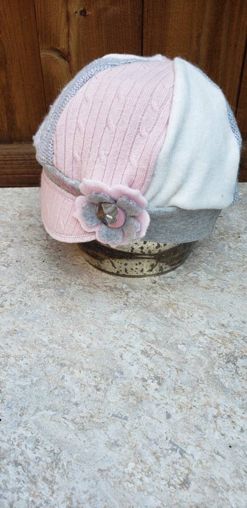 mixed fabrics hat photo prop Jax Hat Child size chemo alopecia cap pinkgrey hat upcycled cap upcycled sweater hat girl Montana