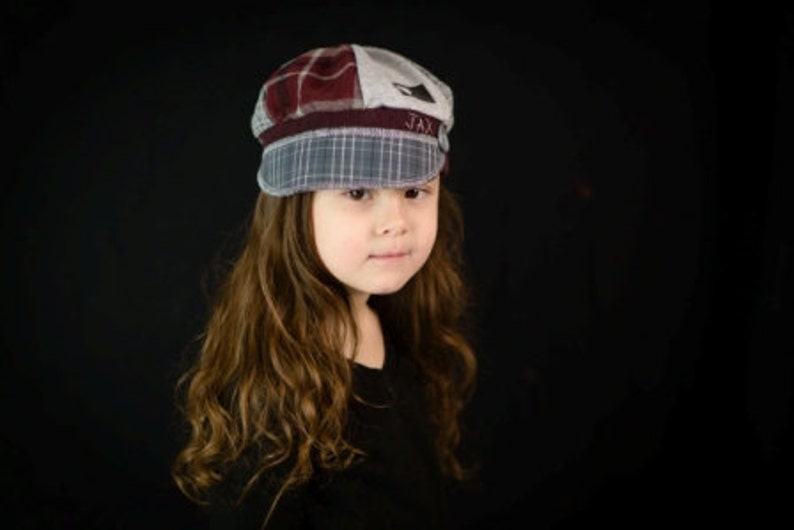 mixed fabrics hat photo prop Jax Hat Child size chemo alopecia cap pinkgrey hat upcycled cap upcycled sweater hat girl Montana