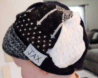 Jax Hat Child size - black and white hat - sweater and fleece hat - upcycled recycled hat - chemo alopecia cap - photo prop - trendy boy hat