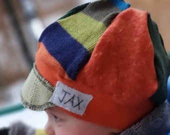 Jax Hat Child size - orange and blue hat - preloved sweater hat - upcycled recycled hat - chemo alopecia cap - photo prop - trendy boy hat