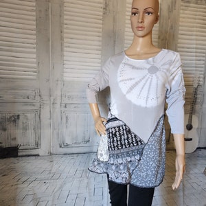 SMALL size adult grey patchwork 3/4 sleeve top - upcycled handmade tunic - bohemian tunic - artsy longer tunic style - trendy JAX top