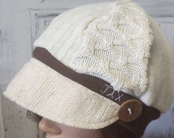 Small - Medium Cream on brown cotton/acrylic upcycled sweater hat. Sweaters will vary