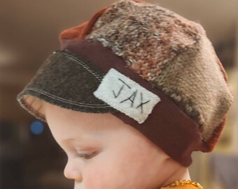 Jax Hat Child size - brown and rust hat - preloved sweater hat - upcycled recycled hat - chemo alopecia cap - photo prop - trendy boy hat