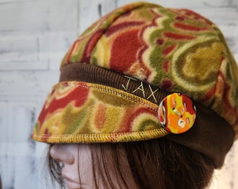 ML women's upcycled hat - Jax Hats - chemo hat - alopecia cap - recycled sweater hat - handmade cap - green paisley fleece hat