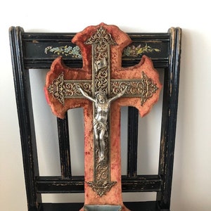 Antique Large Velvet Crucifix Cross Water Font