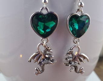 Dangle Earrings - Green Heart & Dragons