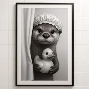 Lustiger Otter Badezimmer Art zum Ausdrucken - Wunderlicher Otter in der Duschhaube, monochrome digitaler Download + spezieller Bonus-Badepost!