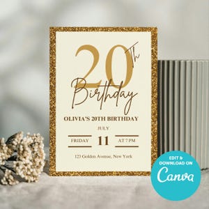 Gold Glitter Birthday Invitation Template, Elegant Birthday Party, Any Age Editable Digital Download