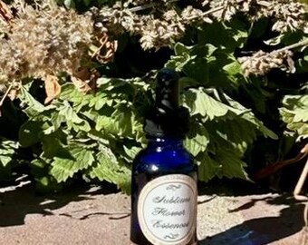 Op de afbeelding: Een blauwe glazen fles met een gouden etiket waarop "Subtle Flower Essence" en "AQUARIUS" staat.