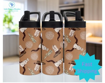 Western Kids Water Bottle For Cowboy Boot Stainless Steel Bottle With Straw Bull Skull Cup For Children Rustic Tumbler