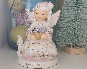 April Birthday Angel Figurine with Easter Egg Basket and Bunny, Napco S404, Mid-Century, Kitschy, Easter, Spring, Vintage, HTF