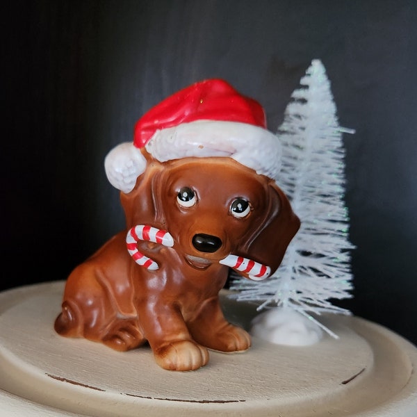 Vintage Josef Original Christmas Dachshund with Santa hat and candy cane, Kitschy, Japan, dog figurine, puppy