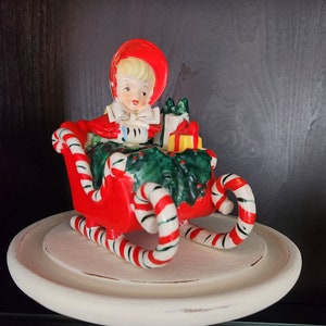 Lefton Christmas Shopping Girl in Candy Cane Sleigh, signed Geo Lefton 1956, Kitschy, Christmas, Antique, Figurine