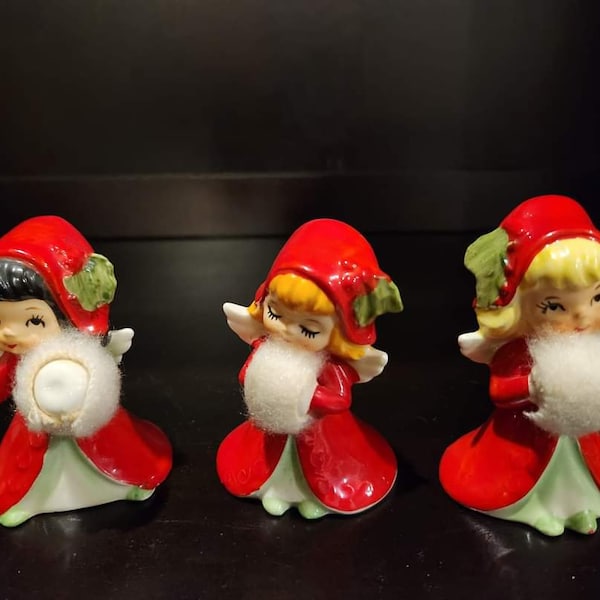 Set of three vintage Lefton Christmas Angels, fuzzy white muffs, Kitschy, Japan