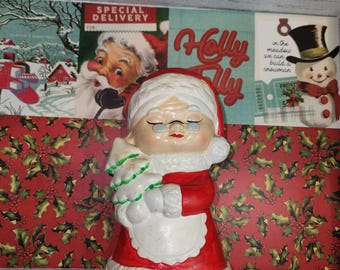 Vintage Brinn's Mrs. Claus Bank X-2038, Mrs. Claus holding Christmas Tree, Kitschy Christmas