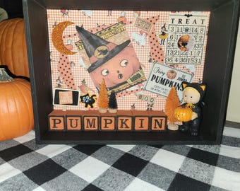 Darling Pumpkin Shadow Box - vintage figurine, vintage alphabet blocks, vintage style embellishments, Kitschy, Halloween, Fall